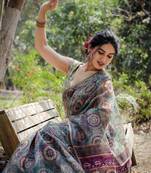 Dusty Green Organza Ajrakh Print Zari Border Saree With Unstitched Blouse Piece