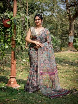Dusty Green Organza Ajrakh Print Zari Border Saree With Unstitched Blouse Piece 2