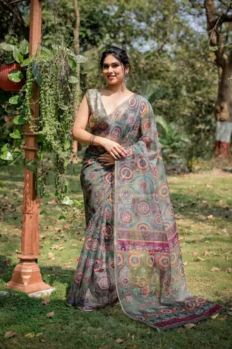 Dusty Green Organza Ajrakh Print Zari Border Saree With Unstitched Blouse Piece