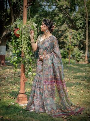Dusty Green Organza Ajrakh Print Zari Border Saree With Unstitched Blouse Piece 3