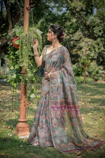 Dusty Green Organza Ajrakh Print Zari Border Saree With Unstitched Blouse Piece
