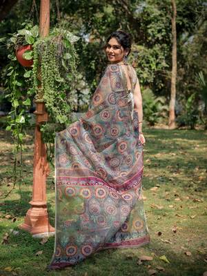 Dusty Green Organza Ajrakh Print Zari Border Saree With Unstitched Blouse Piece 4