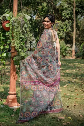 Dusty Green Organza Ajrakh Print Zari Border Saree With Unstitched Blouse Piece