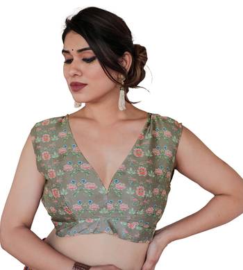 Dusty Green Organza Ajrakh Print Zari Border Saree With Unstitched Blouse Piece 5