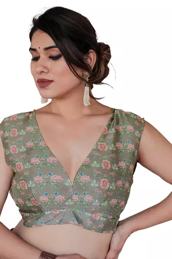Dusty Green Organza Ajrakh Print Zari Border Saree With Unstitched Blouse Piece