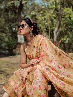 Light Yellow Organza Floral Print Zari Border Saree With Unstitched Blouse Piece 1