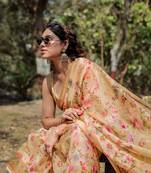 Light Yellow Organza Floral Print Zari Border Saree With Unstitched Blouse Piece