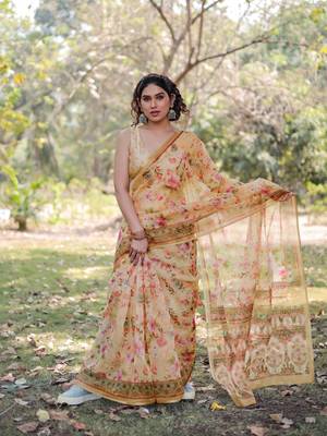 Light Yellow Organza Floral Print Zari Border Saree With Unstitched Blouse Piece 2