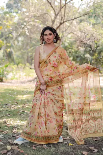 Light Yellow Organza Floral Print Zari Border Saree With Unstitched Blouse Piece