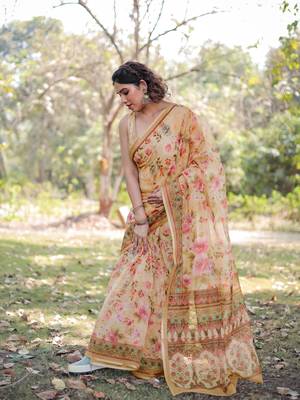 Light Yellow Organza Floral Print Zari Border Saree With Unstitched Blouse Piece 3