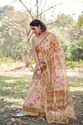 Light Yellow Organza Floral Print Zari Border Saree With Unstitched Blouse Piece