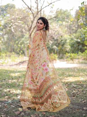 Light Yellow Organza Floral Print Zari Border Saree With Unstitched Blouse Piece 4