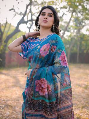 Blue Organza Floral Print Zari Border Saree With Unstitched Blouse Piece 1