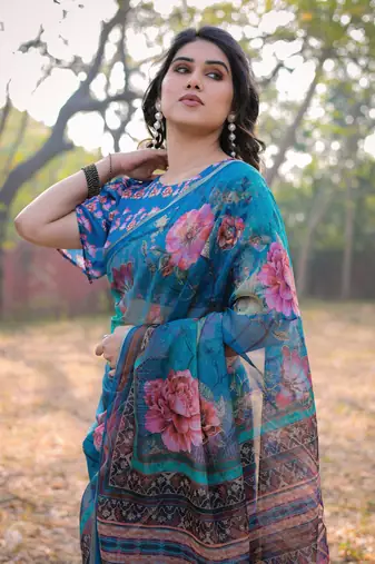 Blue Organza Floral Print Zari Border Saree With Unstitched Blouse Piece