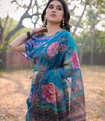 Blue Organza Floral Print Zari Border Saree With Unstitched Blouse Piece