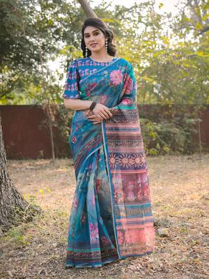 Blue Organza Floral Print Zari Border Saree With Unstitched Blouse Piece 2