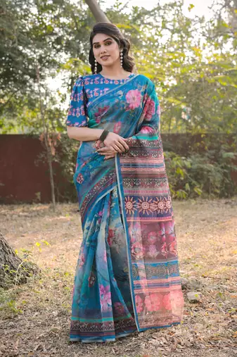 Blue Organza Floral Print Zari Border Saree With Unstitched Blouse Piece