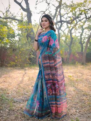 Blue Organza Floral Print Zari Border Saree With Unstitched Blouse Piece 3