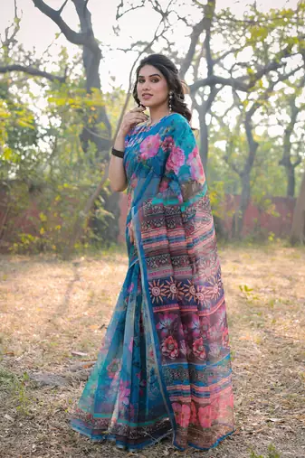 Blue Organza Floral Print Zari Border Saree With Unstitched Blouse Piece