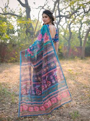 Blue Organza Floral Print Zari Border Saree With Unstitched Blouse Piece 4