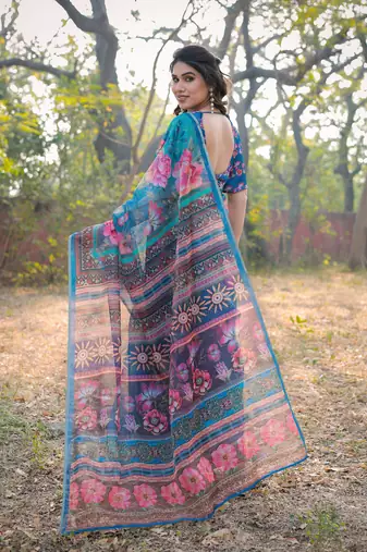 Blue Organza Floral Print Zari Border Saree With Unstitched Blouse Piece