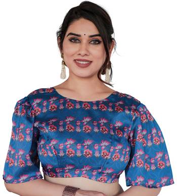 Blue Organza Floral Print Zari Border Saree With Unstitched Blouse Piece 5