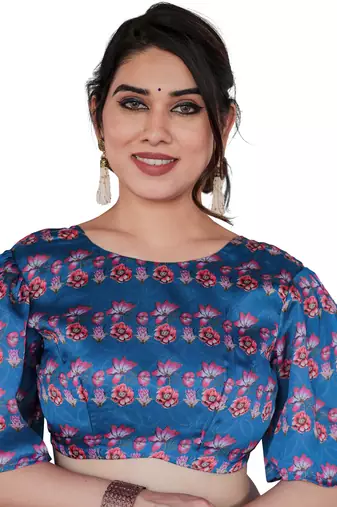 Blue Organza Floral Print Zari Border Saree With Unstitched Blouse Piece