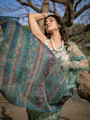 Light Dusty Green Organza Ajrakh Print Zari Border Saree With Unstitched Blouse Piece 1