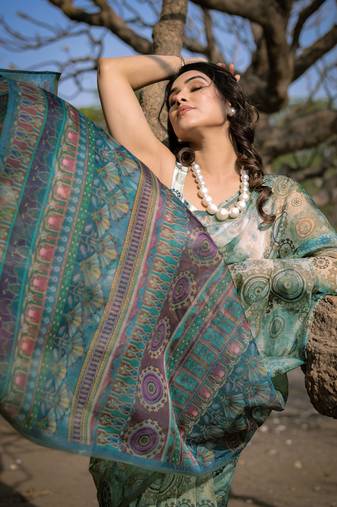 Light Dusty Green Organza Ajrakh Print Zari Border Saree With Unstitched Blouse Piece