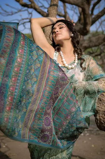 Light Dusty Green Organza Ajrakh Print Zari Border Saree With Unstitched Blouse Piece