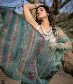 Light Dusty Green Organza Ajrakh Print Zari Border Saree With Unstitched Blouse Piece