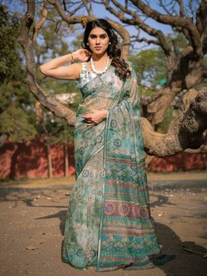 Light Dusty Green Organza Ajrakh Print Zari Border Saree With Unstitched Blouse Piece 2
