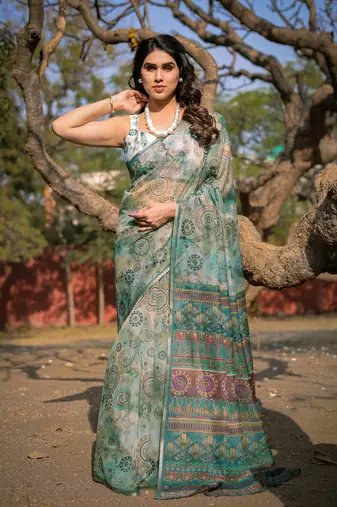 Light Dusty Green Organza Ajrakh Print Zari Border Saree With Unstitched Blouse Piece