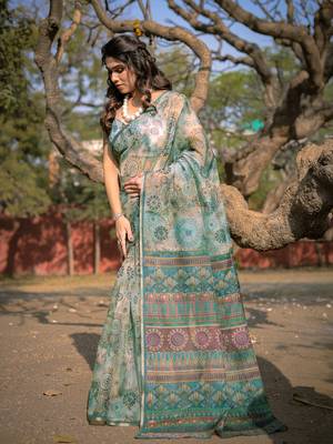 Light Dusty Green Organza Ajrakh Print Zari Border Saree With Unstitched Blouse Piece 3
