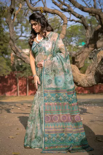 Light Dusty Green Organza Ajrakh Print Zari Border Saree With Unstitched Blouse Piece