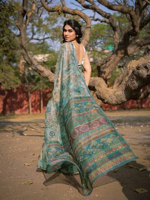 Light Dusty Green Organza Ajrakh Print Zari Border Saree With Unstitched Blouse Piece 4