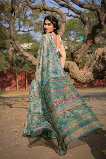 Light Dusty Green Organza Ajrakh Print Zari Border Saree With Unstitched Blouse Piece