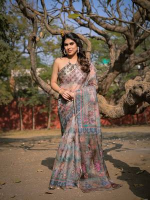 Beige Organza Floral Print Zari Border Saree With Unstitched Blouse Piece 2