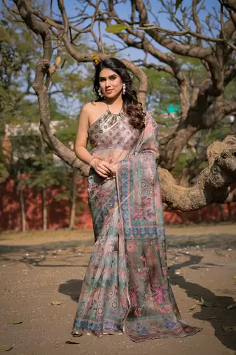 Beige Organza Floral Print Zari Border Saree With Unstitched Blouse Piece