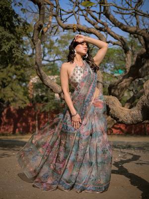Beige Organza Floral Print Zari Border Saree With Unstitched Blouse Piece 3