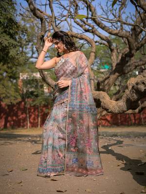 Beige Organza Floral Print Zari Border Saree With Unstitched Blouse Piece 1