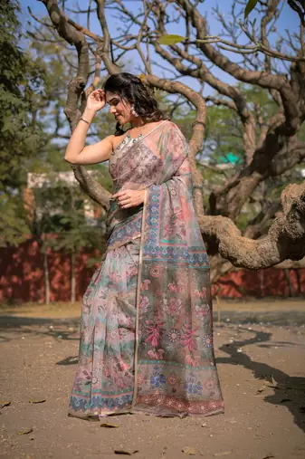 Beige Organza Floral Print Zari Border Saree With Unstitched Blouse Piece