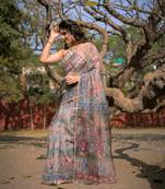 Beige Organza Floral Print Zari Border Saree With Unstitched Blouse Piece