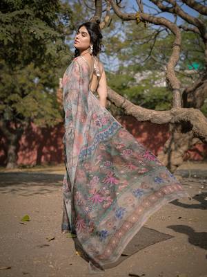 Beige Organza Floral Print Zari Border Saree With Unstitched Blouse Piece 4