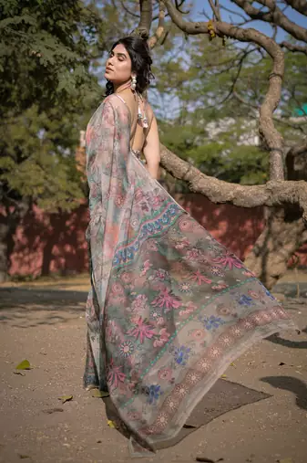 Beige Organza Floral Print Zari Border Saree With Unstitched Blouse Piece