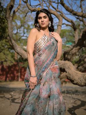 Beige Organza Floral Print Zari Border Saree With Unstitched Blouse Piece 5