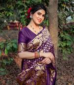 Purple Silk Blend Golden Zari Woven Border Saree With Unstitched Blouse Piece