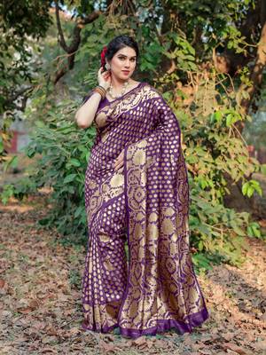 Purple Silk Blend Golden Zari Woven Border Saree With Unstitched Blouse Piece 2