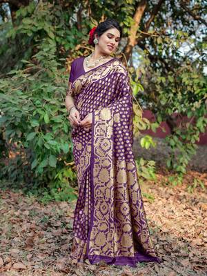 Purple Silk Blend Golden Zari Woven Border Saree With Unstitched Blouse Piece 3