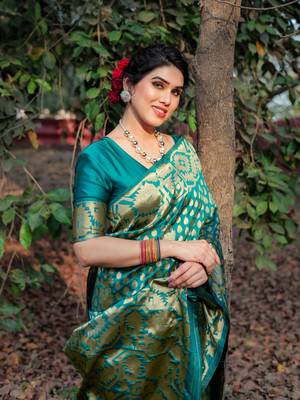 Teal Silk Blend Golden Zari Woven Border Saree With Unstitched Blouse Piece 1